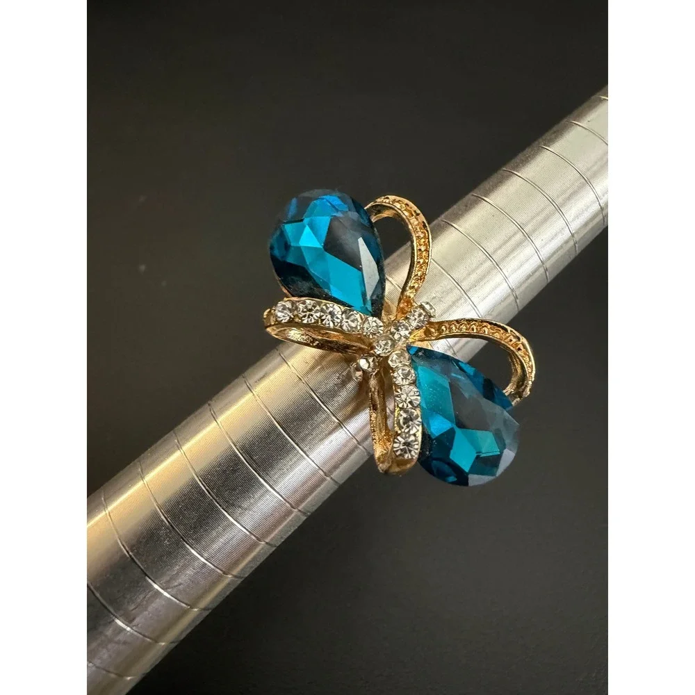 Vintage Rhinestone Ring Butterfly Adjustable Teal Gold Tone